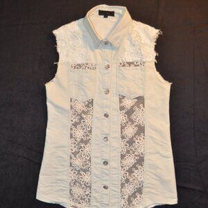 Julie Vest, baby blue denim and white lace vest sz S/M